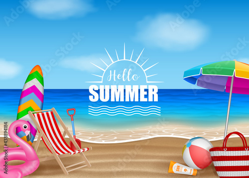 Hello summer background with beach elements on sea background