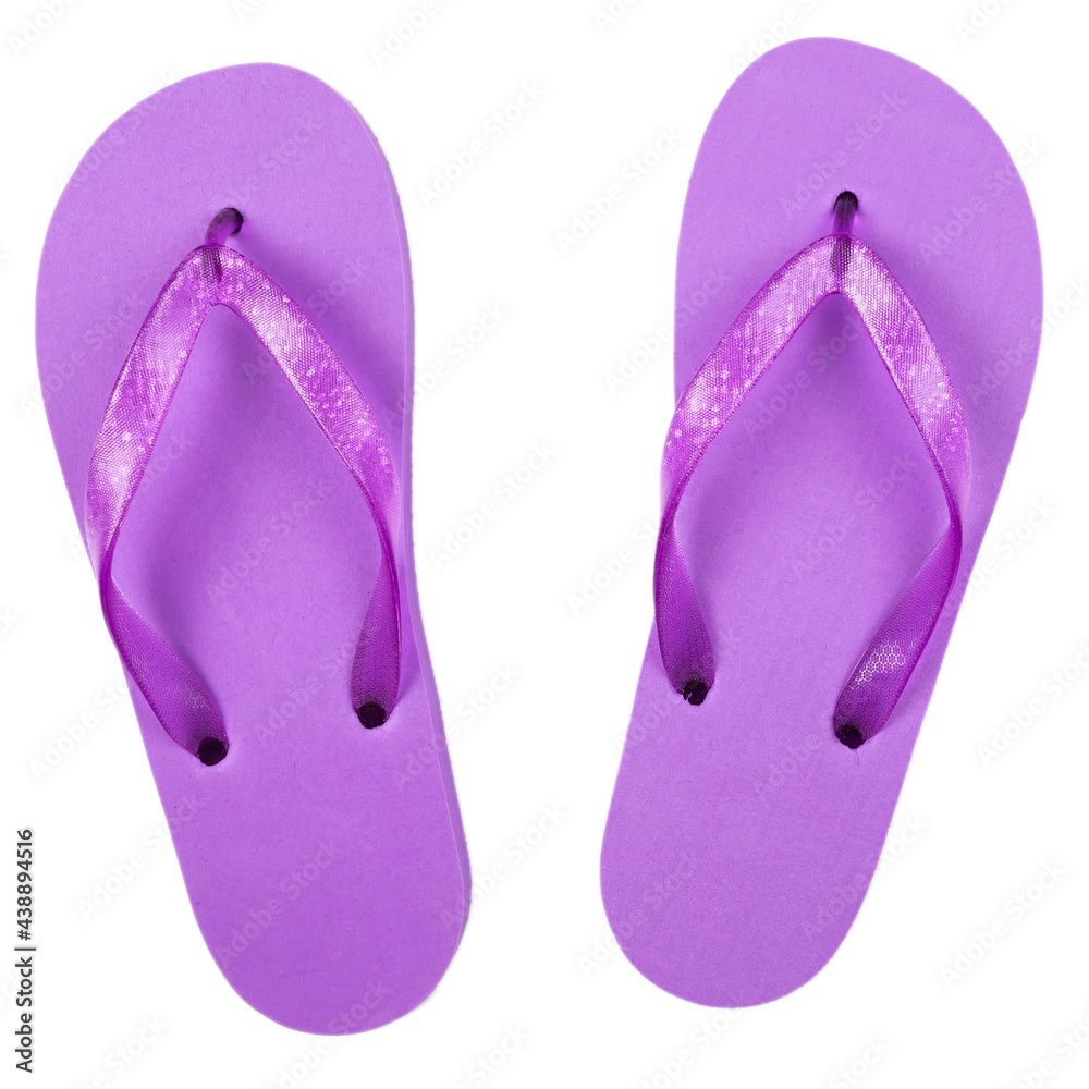 purple rubber beach flip flops on a white background, isolate, view from above purple rubber beach flip flops on a white background, isolate, view from above