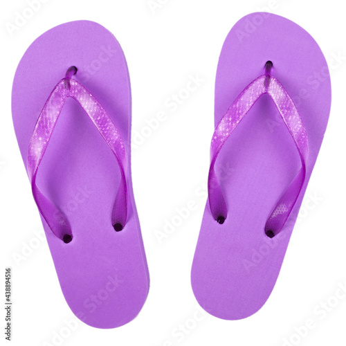purple rubber beach flip flops on a white background, isolate, view from above
