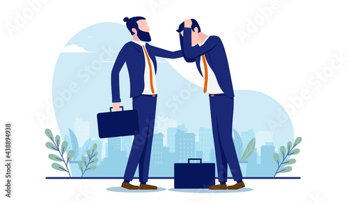 Supporting a Friend or Co-Worker Suffering From Stress - Businessman comforting sad colleague with problems. Friendship and sympathy at work concept. Vector illustration photo