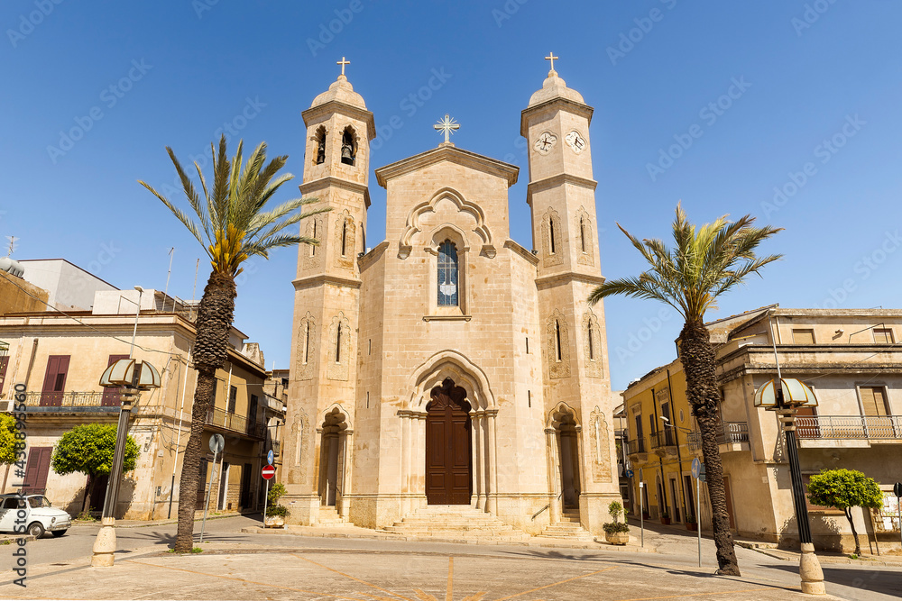 Main Facade of Church of SS. Crucifix (Chiesa Santissimo Crocifisso) in Rosolini, Province of Syracuse, Sicily, Italy.