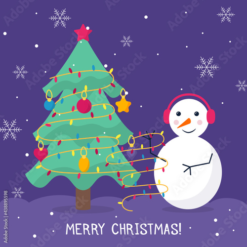 Snowman in ear muffs decorates the Christmas tree with balls, hearts, star, garlands. Background in blue with snowflakes for text, Merry Christmas. Printing on T-shirt, pillow, fabric, dishes. Vector