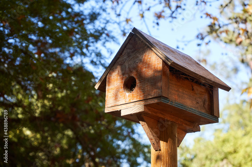 Wooden bird house. Session about nature. Horizontal