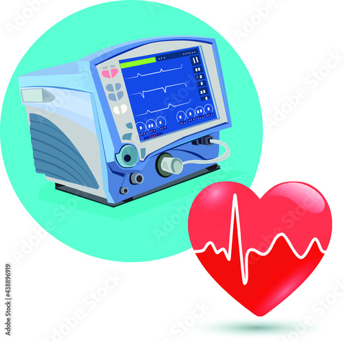 Vector illustration of ventilator and liquid oxygen, heart wave symbol, on blue background.