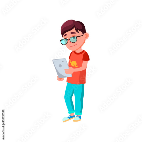 smart boy kid searching information on tablet digital device cartoon vector. smart boy kid searching information on tablet digital device character. isolated flat cartoon illustration