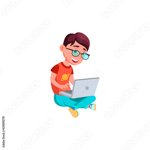 happy preteen boy sitting in garden and watching funny video on notebook cartoon vector. happy preteen boy sitting in garden and watching funny video on notebook character. isolated flat cartoon