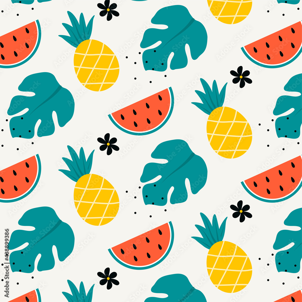 Summer pattern. Bright summer composition. Flat lay colorful fruit and flower Summer pattern. Bright summer composition. Flat lay colorful fruit and flower