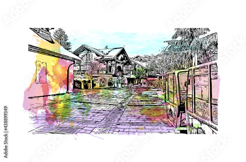 Building view with landmark of Gstaad is an upscale resort town in the Bernese Oberland region of the Swiss Alps.. Watercolor splash with hand drawn sketch illustration in vector.