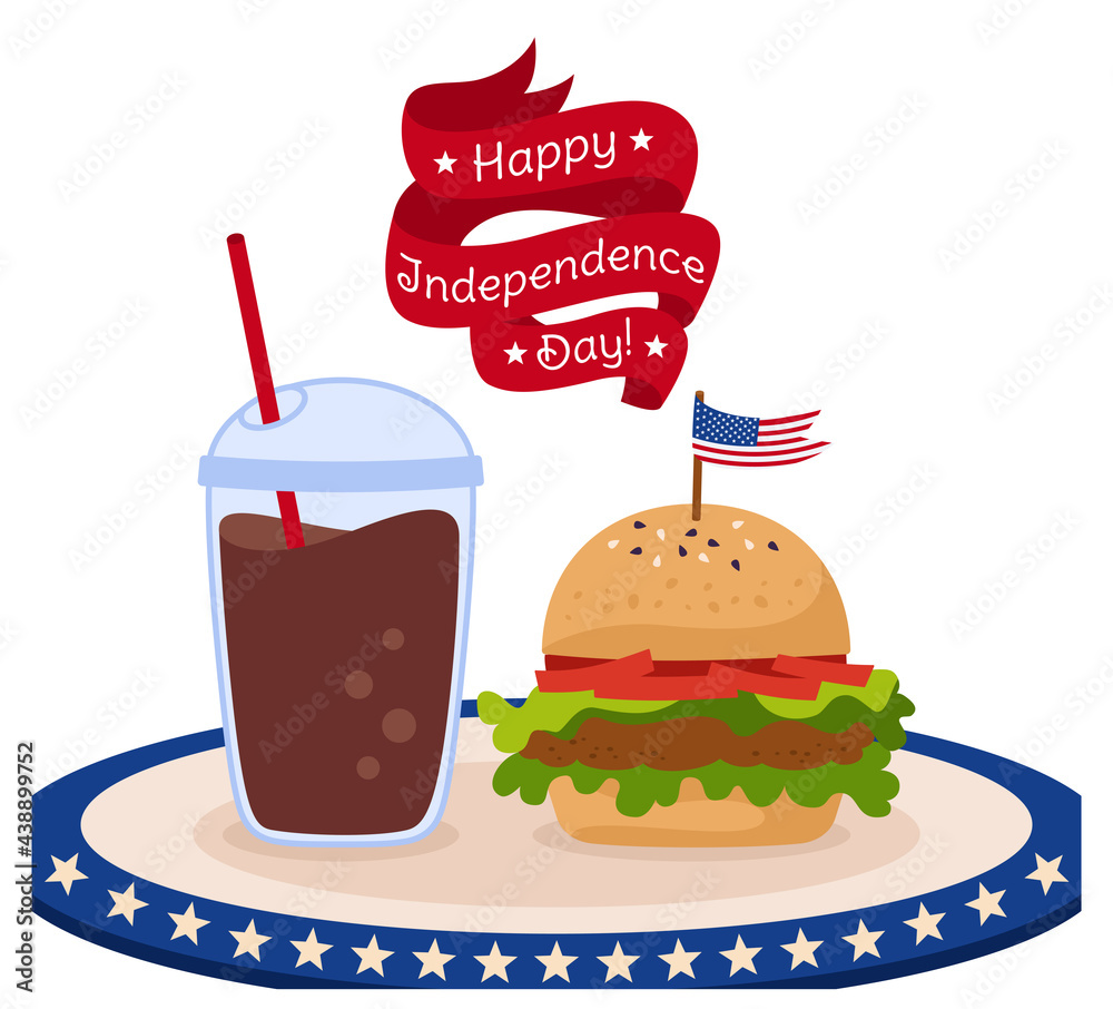 Card fast food with flag American Independence Day ribbon. Hamburger and cup coffee to go USA flags. Poster tape American patriotic independence festival. Soda takeaway. Isolated vector Card fast food with flag American Independence Day ribbon. Hamburger and cup coffee to go USA flags. Poster tape American patriotic independence festival. Soda takeaway. Isolated vector