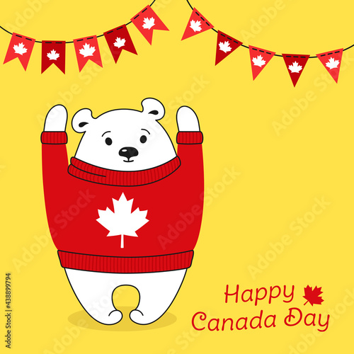 Happy Canada Day card. Cartoon polar bear in sweater, garland bunting flag. Greeting postal postcard. National celebration Canadian pullover flag, patriot bear character. Isolated vector illustration