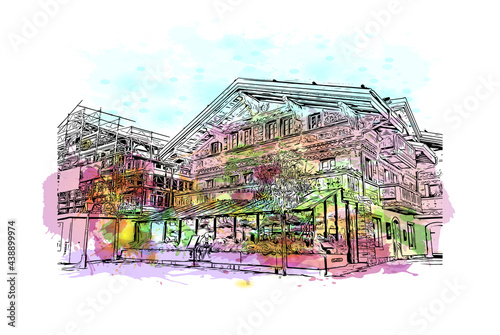 Building view with landmark of Gstaad is an upscale resort town in the Bernese Oberland region of the Swiss Alps.. Watercolor splash with hand drawn sketch illustration in vector.