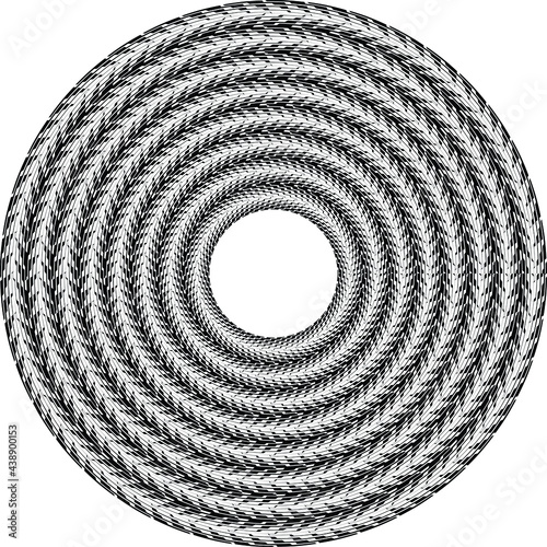  Black halftone dots in vortex form. Geometric art. Trendy design element.Circular and radial lines volute, helix.Segmented circle with rotation.Radiating arc lines.Cochlear