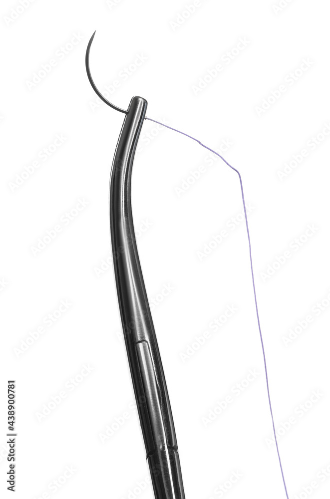 Forceps with suture thread on white background. Medical equipment Forceps with suture thread on white background. Medical equipment