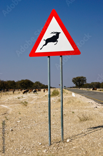 Warning sign for kudu crossing highway, Namibia