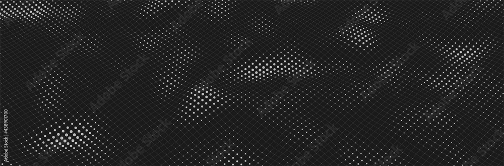 Black background. 3d dotted surface. Futuristic landscape. Technology presentation backdrop. Vector illustration