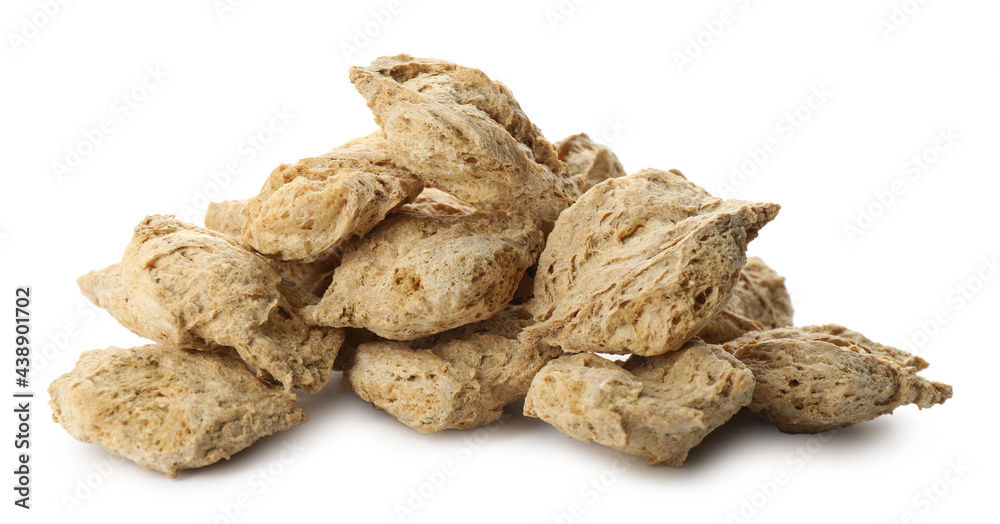 Dehydrated soy meat chunks on white background Dehydrated soy meat chunks on white background