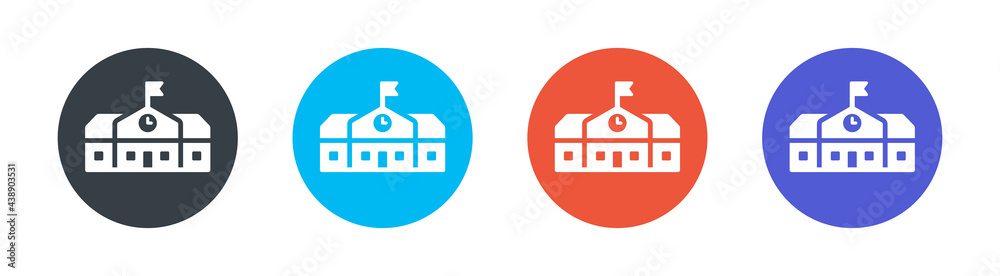 School building with clock and flag icon set. Education concept