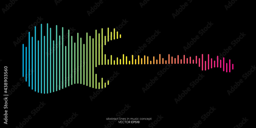 Vector electric guitar shape by equalizer strip line pattern colorful spectrum color isolated on black background in concept of music. Vector electric guitar shape by equalizer strip line pattern colorful spectrum color isolated on black background in concept of music.