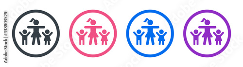 Nanny playing with kids icon. Babysitter concept