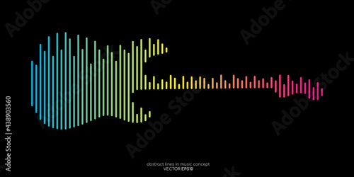 Vector electric guitar shape by equalizer strip line pattern colorful spectrum color isolated on black background in concept of music.
