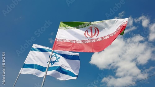 Israel and Syria. National country flag on blue sky background. Flying fabric symbol. Tourism or travel summer day. international patriotic emblem. Nobody. Horizontal video