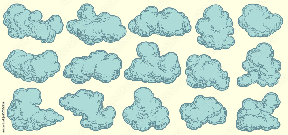 Clouds. Design set. Hand drawn engraving. Editable vector vintage illustration. Isolated on light background. 8 EPS