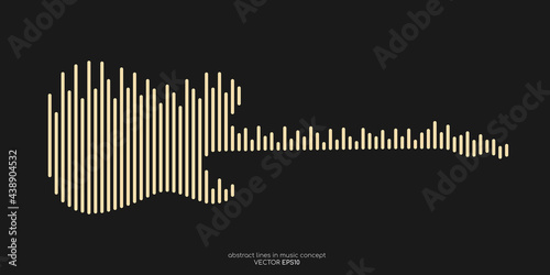 Vector electric guitar shape by equalizer strip line pattern gold color isolated on black background. In concept of music