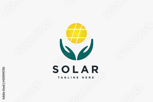 Solar cell energy logo design vector illustration. Solar energy suitable for renewable energy company logos. photo