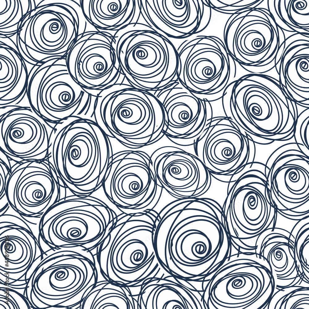 Seamless pattern with child doodle roses. Pattern with dusty blue swirls on a white backdrops. Can be used for textile prints, cards, wrapping paper. Vector illustration, eps 10.