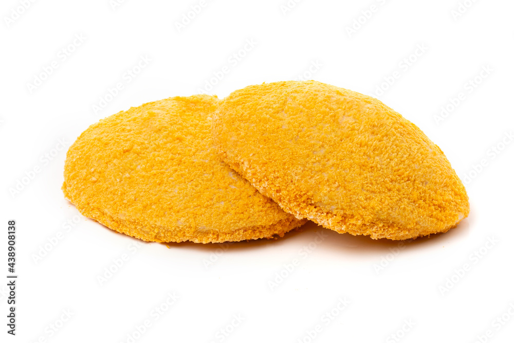 Chicken nuggets or yellow cutlets, isolated on a white background. Chicken nuggets or yellow cutlets, isolated on a white background.
