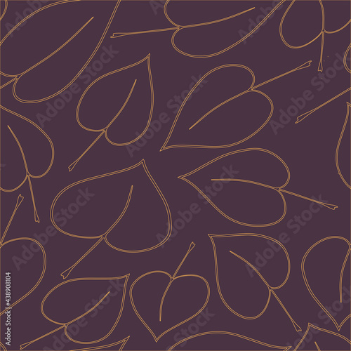 Seamless elegant pattern with golden outline leaves on a grey violet background. The pattern can be used for wrapping papers, invitation cards, wallpapers, covers, textile prints. Vector, eps 10.