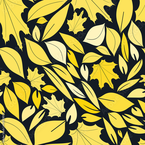 Seamless autumn pattern with golden yellow hand drawn leaves on a black background. The pattern can be used for wrapping papers, invitation cards, wallpapers, covers, textile prints. Vector, eps 10.