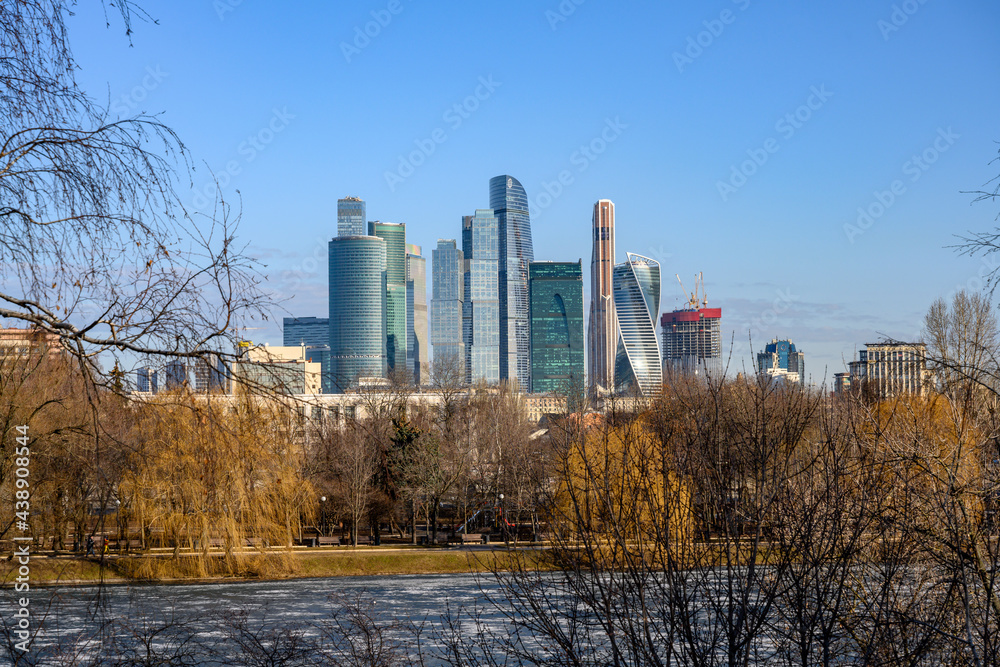 View of the Moskva-City business center from the spring park in Moscow, Russia