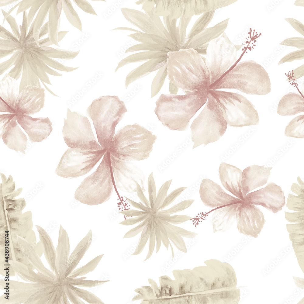 Fototapeta premium Gray Seamless Textile. Brown Pattern Leaves. White Tropical Design. Banana Leaves. Flower Foliage. Floral Hibiscus. Watercolor Background. Decoration Art.