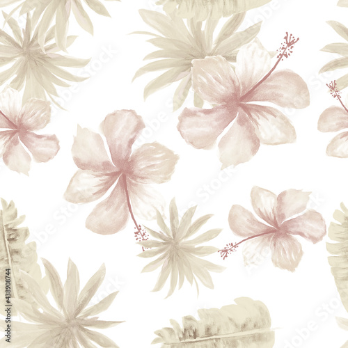 Gray Seamless Textile. Brown Pattern Leaves. White Tropical Design. Banana Leaves. Flower Foliage. Floral Hibiscus. Watercolor Background. Decoration Art. © Surendra
