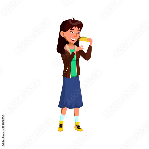 japanese young lady eating tacos fast food on street cartoon vector. japanese young lady eating tacos fast food on street character. isolated flat cartoon illustration