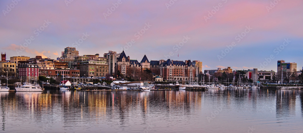 Victoria skyline at sunset. Colorful sunset in old city Victoria. British Columbia Capital City. Vancouver Island. Canada