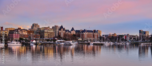 Victoria skyline at sunset. Colorful sunset in old city Victoria. British Columbia Capital City. Vancouver Island. Canada