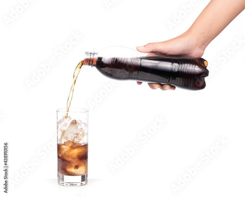 pouring coca cola splash into glass isolated on white background