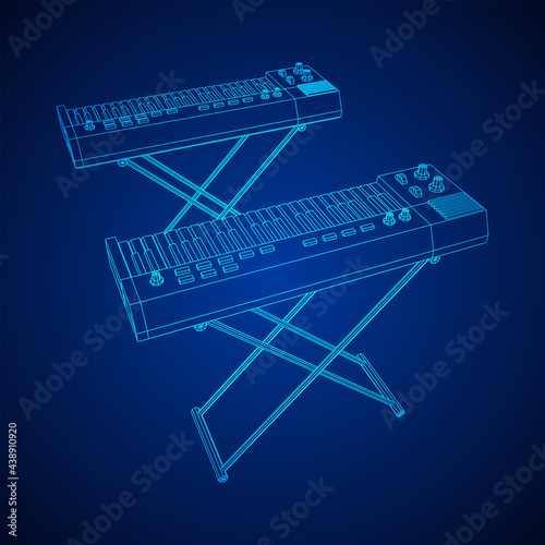 Piano roll analog synthesizer faders buttons knobs. Wireframe low poly mesh vector illustration.