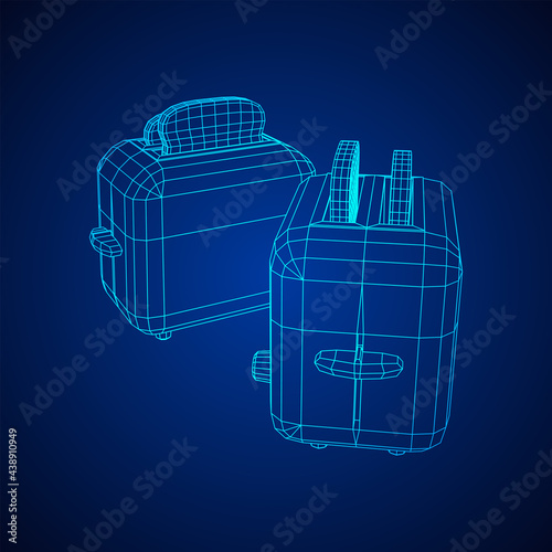 Toaster with two fried pieces of loaf prepared for a breakfast. Wireframe low poly mesh vector illustration.