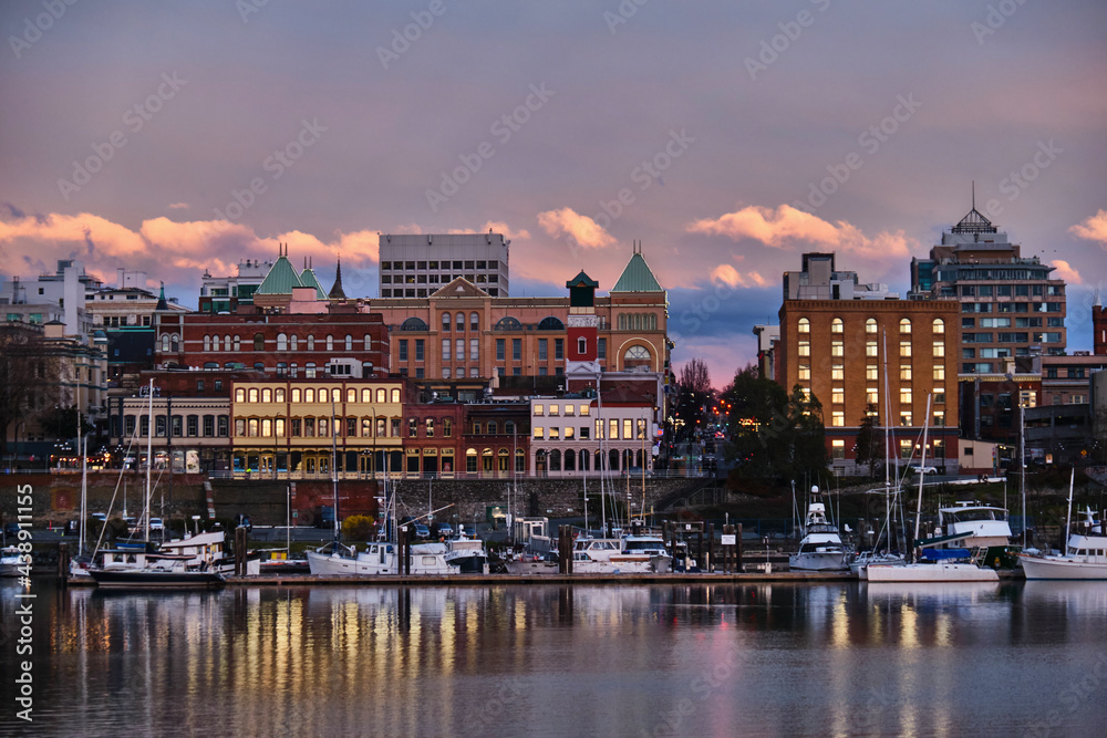 
Victoria skyline at sunset. Colorful sunset in old city Victoria. British Columbia Capital City. Vancouver Island. Canada