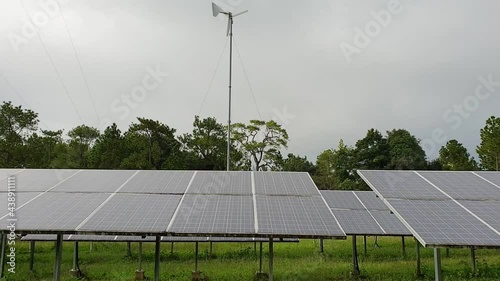 Solar photovoltaic cell in blue sky for alternatively power generator source, renewable energy for future power supply and eco-friendly with environment