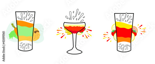Set of summer colored cocktails from oranges, strawberries and vegetables on a white isolated background. Illustration for bars, restaurants, cafes, summer soft drinks, smoothies, cocktails.