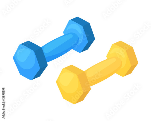 Two dumbbells in cartoon style. Vector illustration of sports equipment for fitness. Isolated on white background
