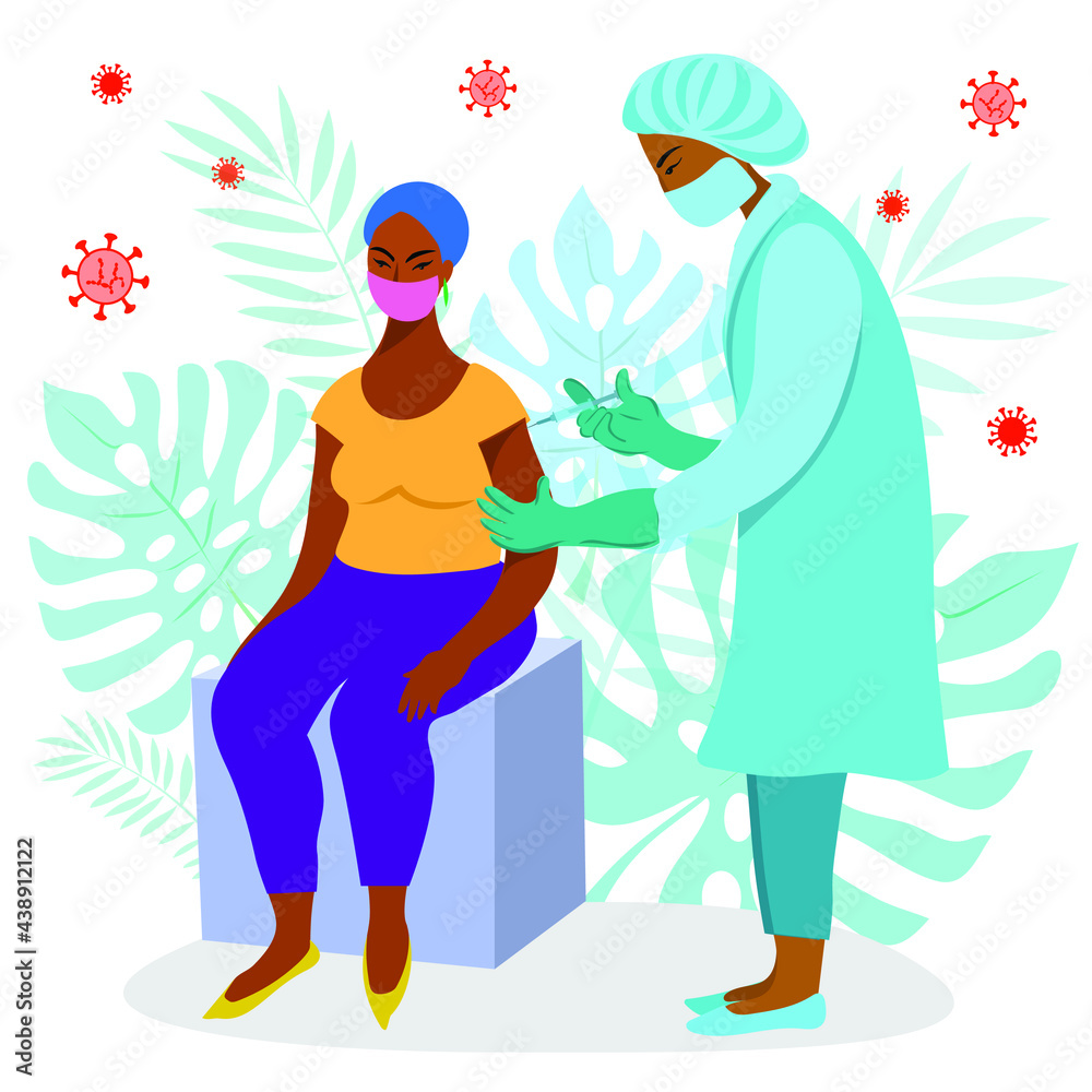 Obraz premium A doctor gives a woman a coronavirus vaccine. Vaccination against viruses. The woman sits and is injected into her arm.