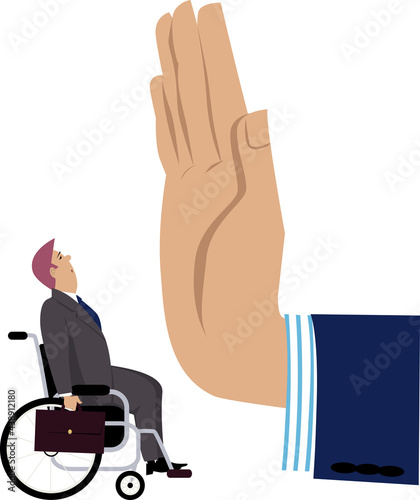 Giant management's hand stops a handicap employee on his way, EPS 8 vector illustration