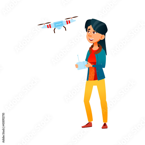 happy young lady control drone in park cartoon vector. happy young lady control drone in park character. isolated flat cartoon illustration