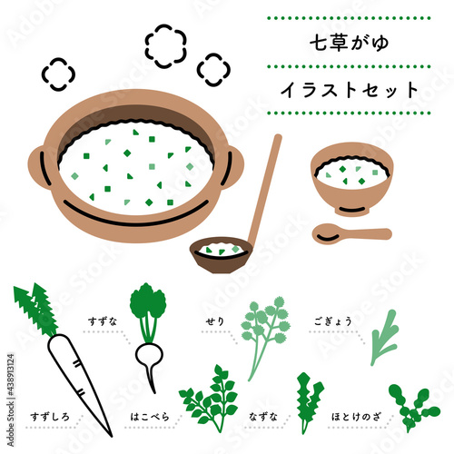 七草がゆ　シンプル・ペン画風イラストセット（日本語バージョン）