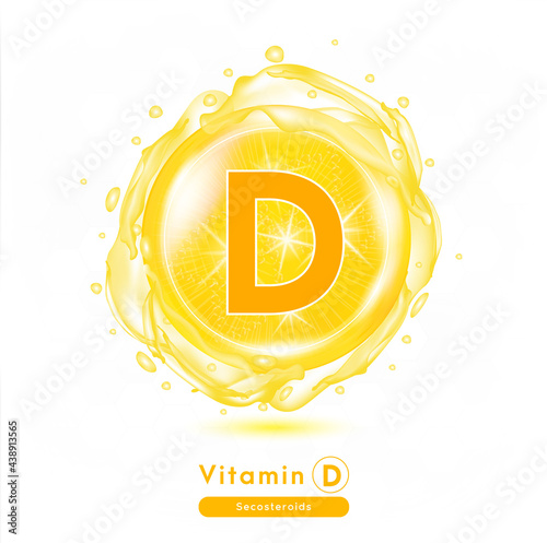 Vitamin D icon. Shining yellow essence droplet. Vitamin complex with Chemical formula. Beauty treatment nutrition skin care design. Vector illustration